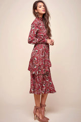 Jackson Waist Tie Bell Sleeve Dress Red Wine