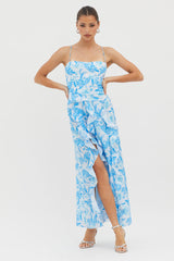 Serif Ruffle Trim Split Maxi Dress Blue