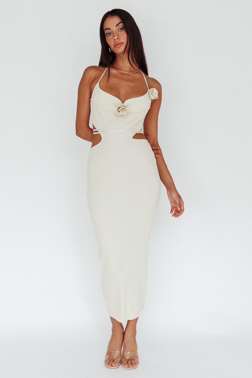 Rue Rose Accent Ribbed Knit Midi Dress Beige – Sassysky
