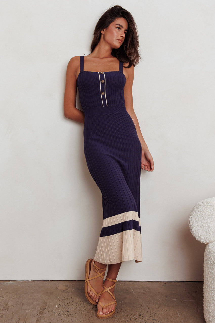 Cayla Contrast Ribbed Knit Maxi Dress Navy  Sassysky