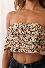 Tigerlily Tiered Frill Off-Shoulder Top Mocha Leopard