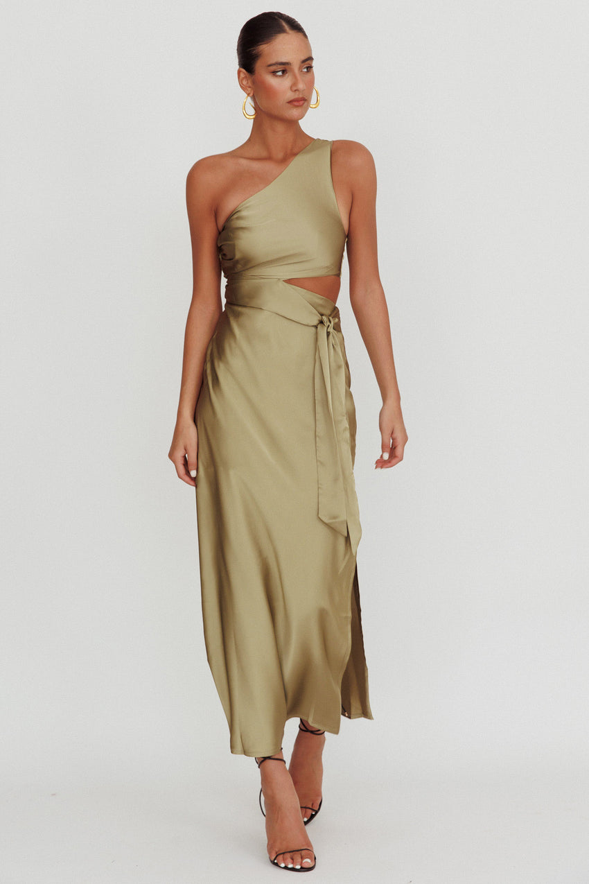 Abloom One Shoulder Satin Maxi Dress Khaki
