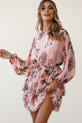 Odessa Long Sleeve Layered Ruffle Dress Floral Print Pink