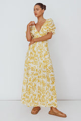 Sitting Pretty Pintuck Pleat Puff Sleeve Dress Yellow