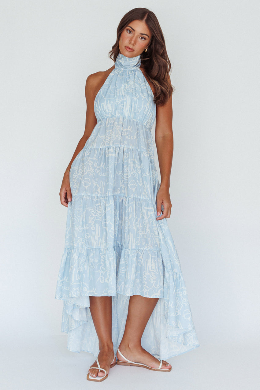 South Haven Halter Midi Dress Floral Blue – Sassysky