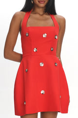 Hendrix Halterneck A-Line Mini Dress Sequin Flower Red